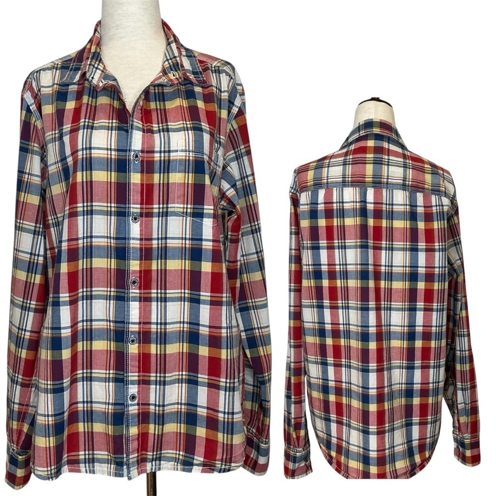 Bare Denim Multi Plaid Button-Up Shirt 100% Cotton Size Large